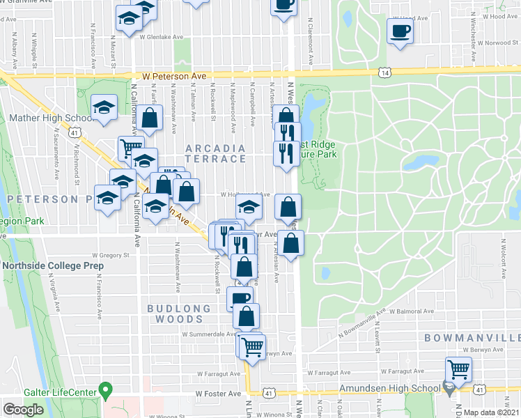map of restaurants, bars, coffee shops, grocery stores, and more near 2454 West Hollywood Avenue in Chicago
