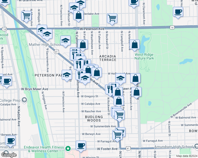 map of restaurants, bars, coffee shops, grocery stores, and more near 5700 North Talman Avenue in Chicago