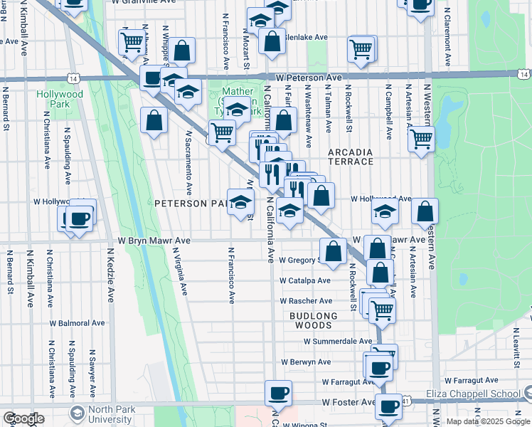 map of restaurants, bars, coffee shops, grocery stores, and more near 5656 North Lincoln Avenue in Chicago