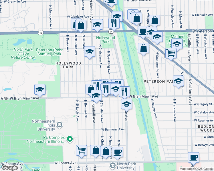map of restaurants, bars, coffee shops, grocery stores, and more near 3262 West Hollywood Avenue in Chicago