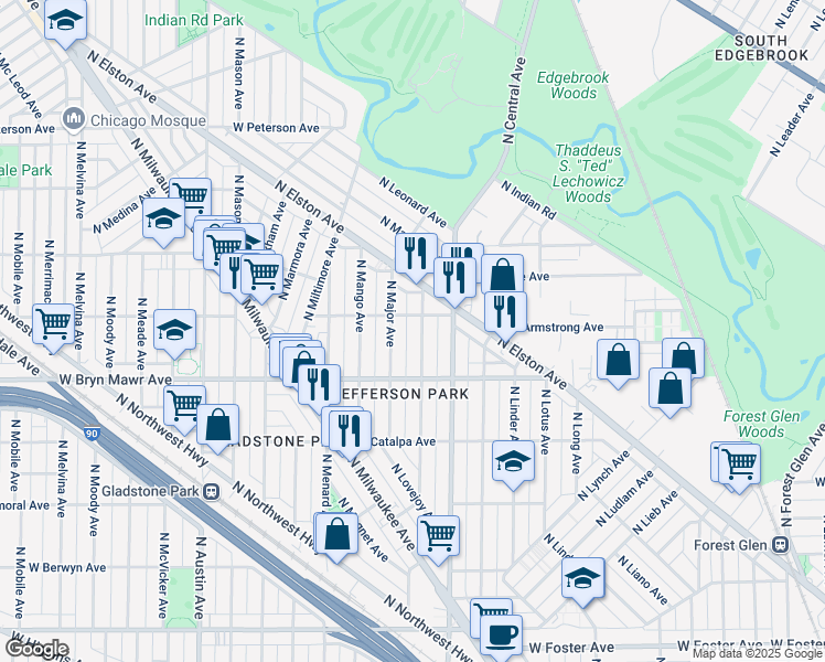 map of restaurants, bars, coffee shops, grocery stores, and more near 5700 West Seminole Street in Chicago