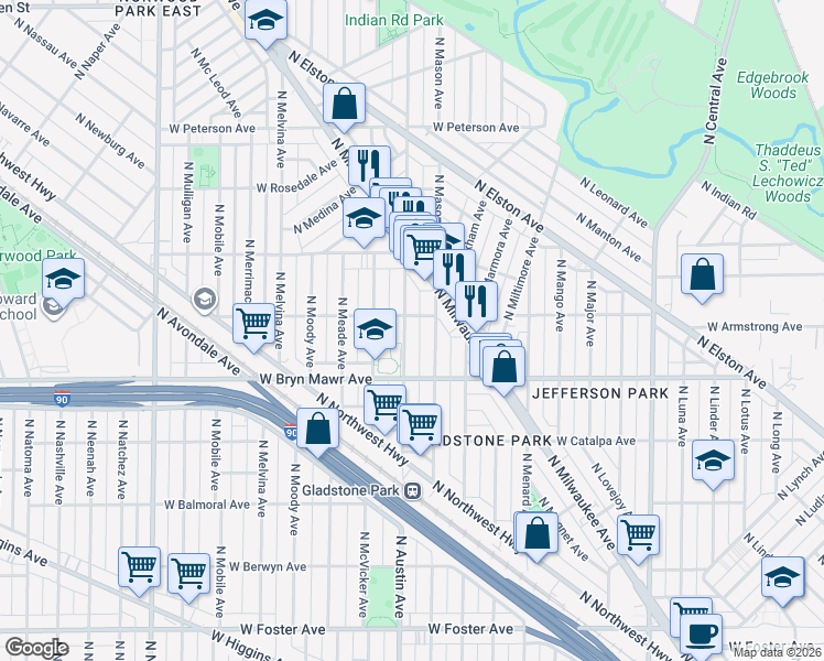 map of restaurants, bars, coffee shops, grocery stores, and more near 5706 North Mason Avenue in Chicago