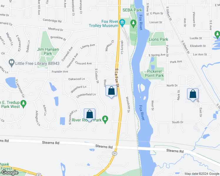 map of restaurants, bars, coffee shops, grocery stores, and more near 325 Woodridge Circle in South Elgin