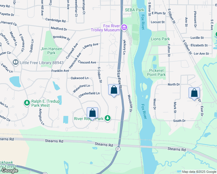 map of restaurants, bars, coffee shops, grocery stores, and more near 325 Woodridge Circle in South Elgin