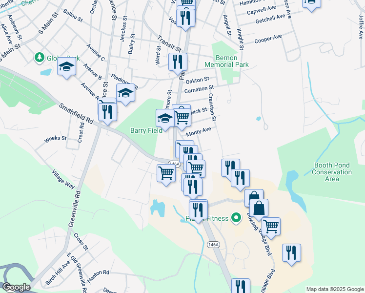map of restaurants, bars, coffee shops, grocery stores, and more near 1338 Park Avenue in Woonsocket