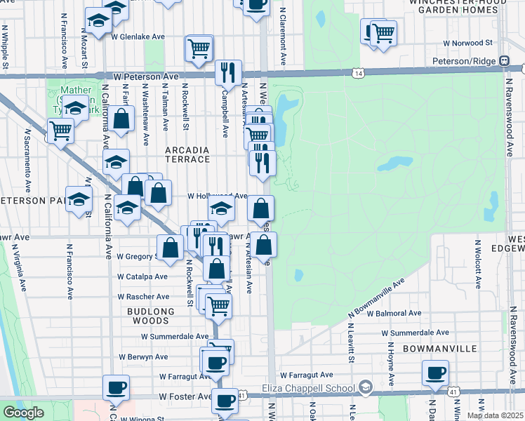 map of restaurants, bars, coffee shops, grocery stores, and more near 5700 North Western Avenue in Chicago
