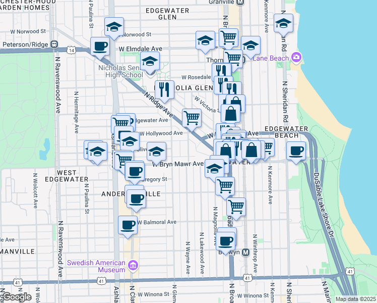 map of restaurants, bars, coffee shops, grocery stores, and more near 5621 North Wayne Avenue in Chicago