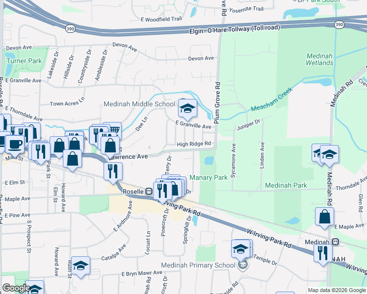 map of restaurants, bars, coffee shops, grocery stores, and more near 44 Lake Point Drive in Roselle