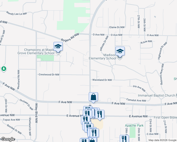 map of restaurants, bars, coffee shops, grocery stores, and more near 1200 Edgewood Road Northwest in Cedar Rapids