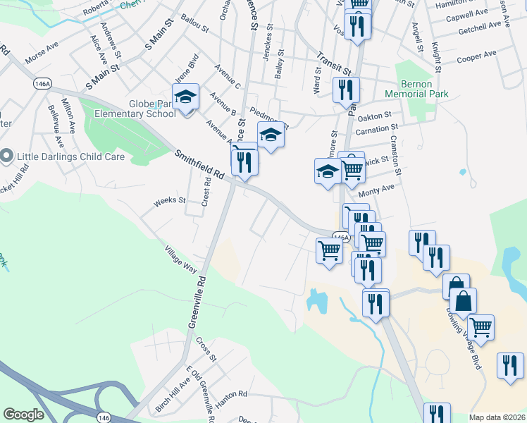 map of restaurants, bars, coffee shops, grocery stores, and more near 108 Smithfield Road in Woonsocket