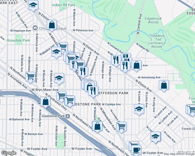 map of restaurants, bars, coffee shops, grocery stores, and more near 5704 North Mango Avenue in Chicago