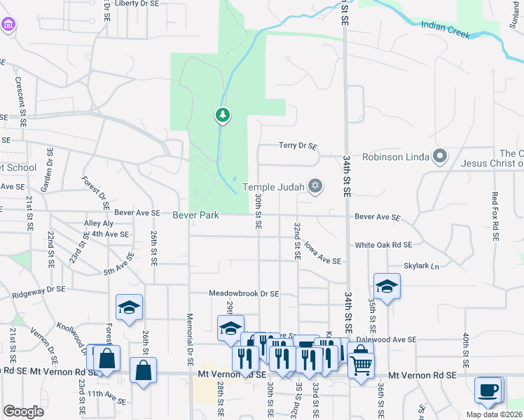 map of restaurants, bars, coffee shops, grocery stores, and more near 3000 Bever Avenue Southeast in Cedar Rapids