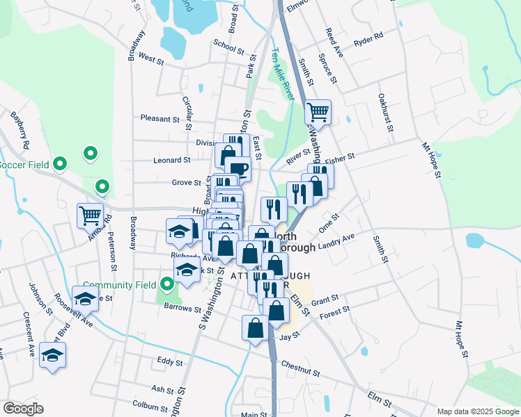map of restaurants, bars, coffee shops, grocery stores, and more near 142 East Street in North Attleborough