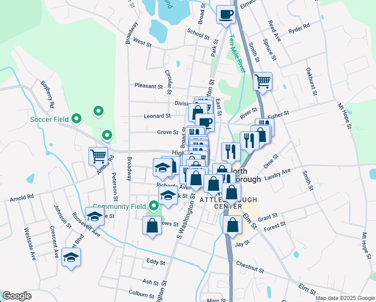 map of restaurants, bars, coffee shops, grocery stores, and more near 104 North Washington Street in North Attleborough