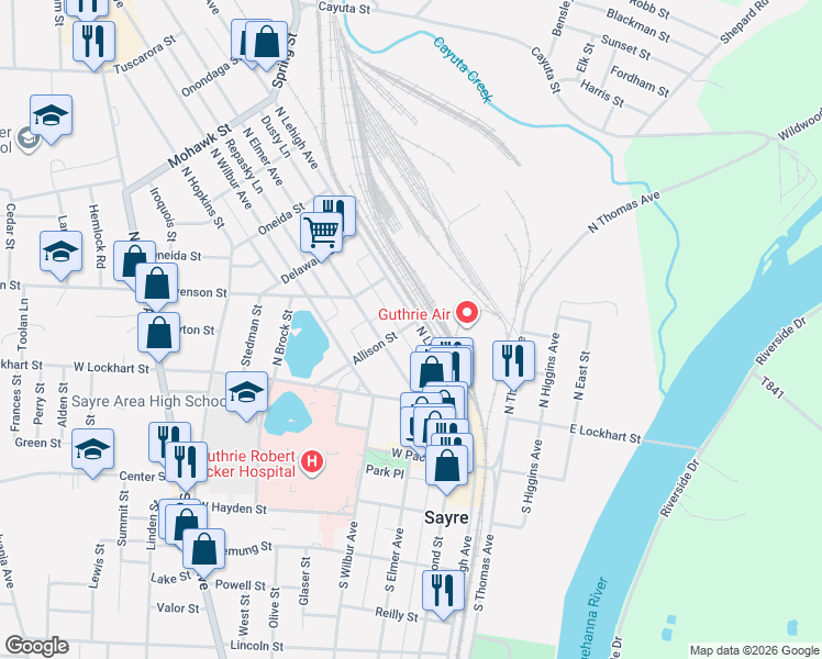 map of restaurants, bars, coffee shops, grocery stores, and more near 301-305 North Lehigh Avenue in Sayre