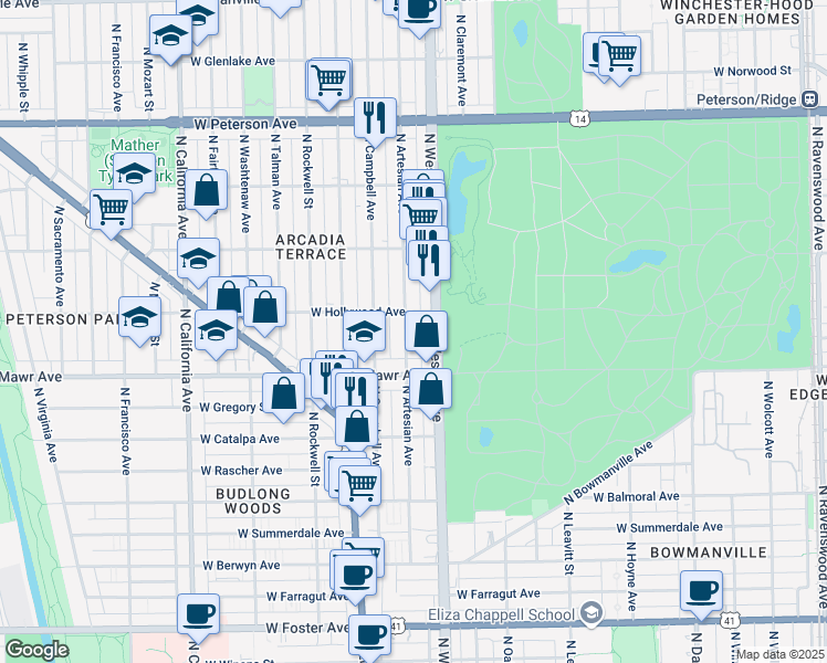 map of restaurants, bars, coffee shops, grocery stores, and more near 5700 North Western Avenue in Chicago
