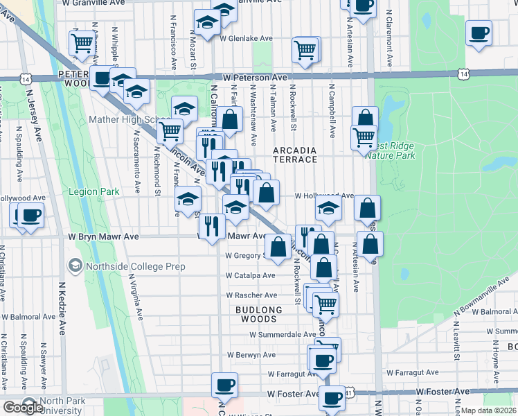 map of restaurants, bars, coffee shops, grocery stores, and more near 5700 North Talman Avenue in Chicago