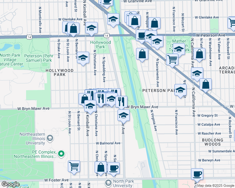map of restaurants, bars, coffee shops, grocery stores, and more near 3220 West Hollywood Avenue in Chicago
