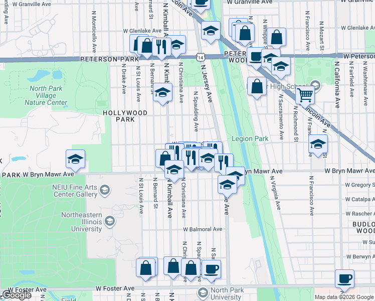 map of restaurants, bars, coffee shops, grocery stores, and more near 5701 North Christiana Avenue in Chicago