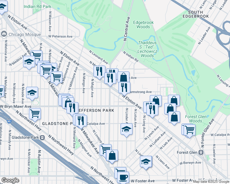 map of restaurants, bars, coffee shops, grocery stores, and more near in Chicago