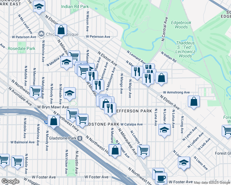 map of restaurants, bars, coffee shops, grocery stores, and more near 5704 North Mango Avenue in Chicago