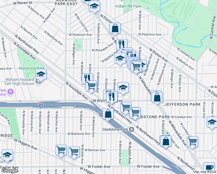 map of restaurants, bars, coffee shops, grocery stores, and more near 5707 North Moody Avenue in Chicago