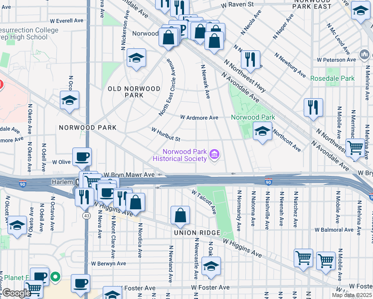 map of restaurants, bars, coffee shops, grocery stores, and more near 6804 West Hurlbut Street in Chicago