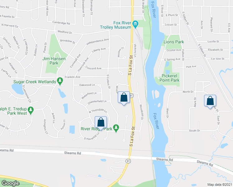 map of restaurants, bars, coffee shops, grocery stores, and more near 325 Woodridge Circle in South Elgin