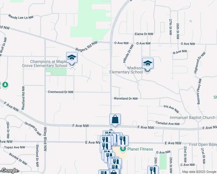 map of restaurants, bars, coffee shops, grocery stores, and more near 1315 Edgewood Road Northwest in Cedar Rapids