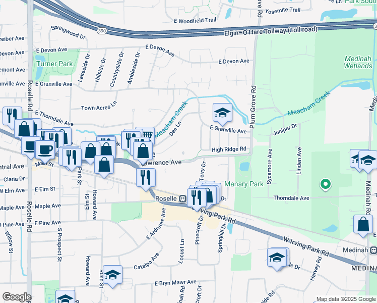 map of restaurants, bars, coffee shops, grocery stores, and more near 580 Lawrence Avenue in Roselle