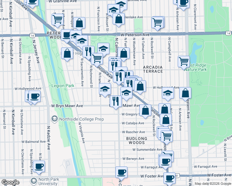 map of restaurants, bars, coffee shops, grocery stores, and more near 5644 North California Avenue in Chicago