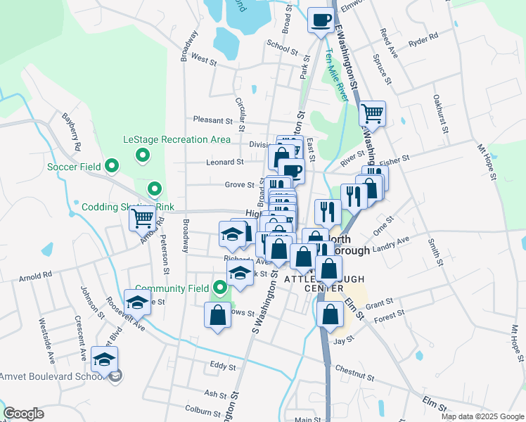 map of restaurants, bars, coffee shops, grocery stores, and more near 23 High Street in North Attleborough