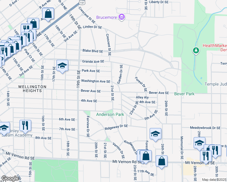 map of restaurants, bars, coffee shops, grocery stores, and more near 370 21st Street Southeast in Cedar Rapids