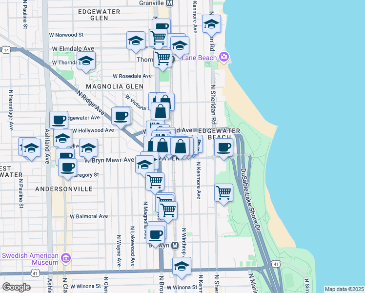 map of restaurants, bars, coffee shops, grocery stores, and more near 5625 N Winthrop Ave in Chicago