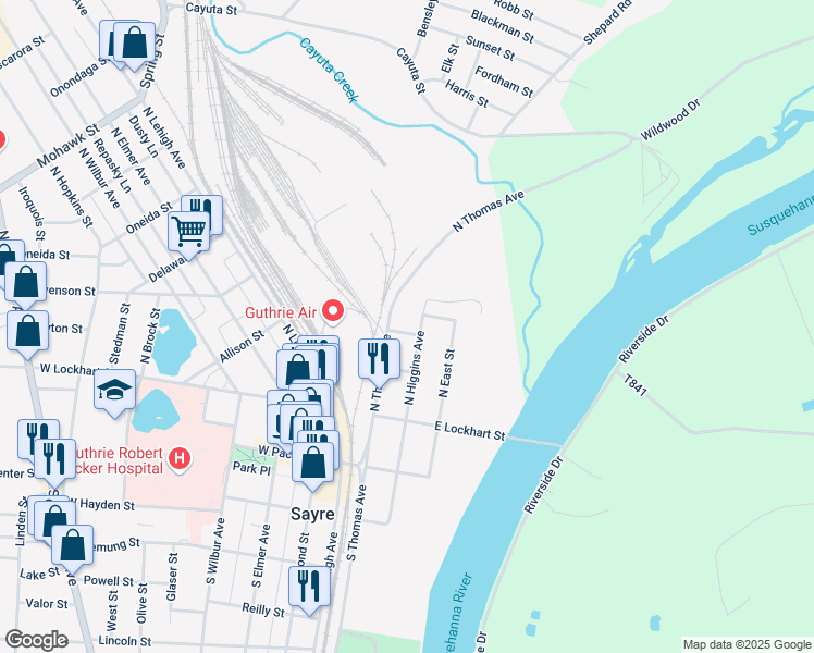 map of restaurants, bars, coffee shops, grocery stores, and more near 101 North Thomas Avenue in Sayre