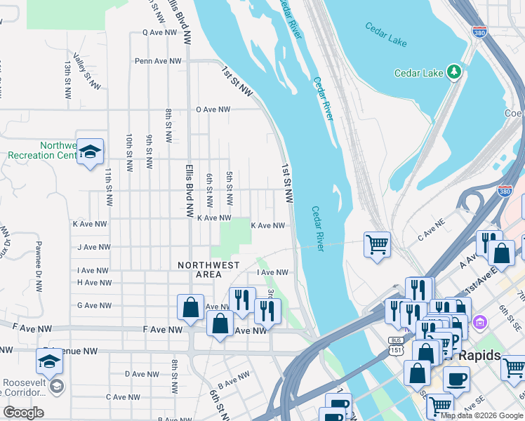 map of restaurants, bars, coffee shops, grocery stores, and more near 1200-1298 2nd Street Northwest in Cedar Rapids