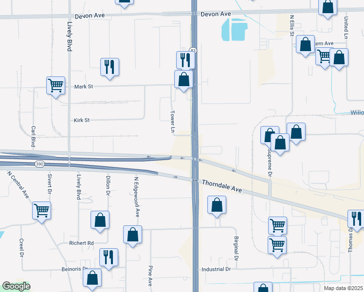 map of restaurants, bars, coffee shops, grocery stores, and more near 1000 Tower Lane in Bensenville