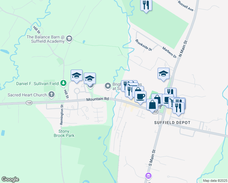 map of restaurants, bars, coffee shops, grocery stores, and more near 230C Mountain Road in Suffield