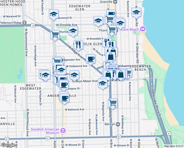 map of restaurants, bars, coffee shops, grocery stores, and more near 5680 North Ridge Avenue in Chicago