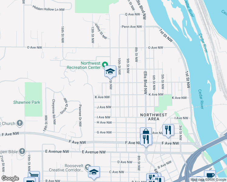 map of restaurants, bars, coffee shops, grocery stores, and more near 1232 10th Street Northwest in Cedar Rapids