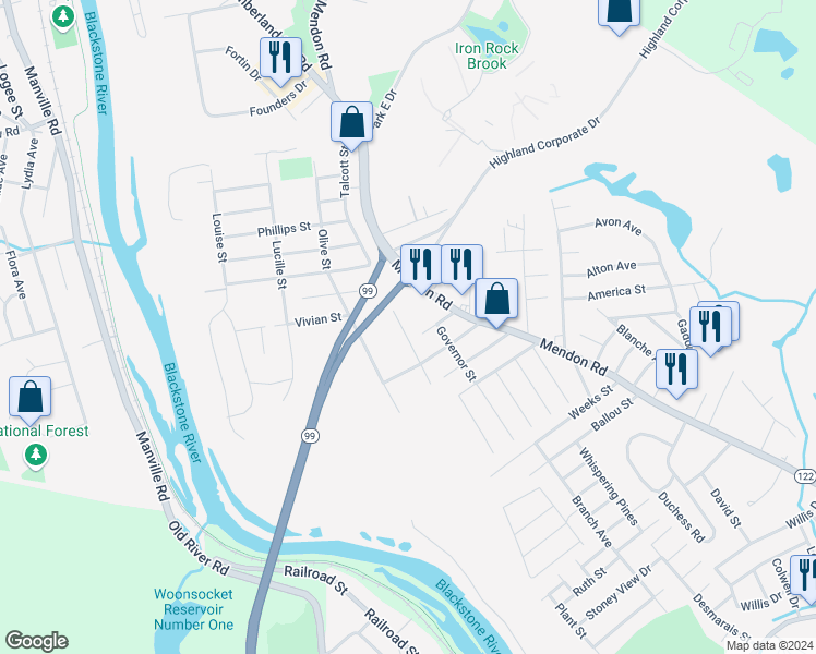 map of restaurants, bars, coffee shops, grocery stores, and more near 30 1st Avenue in Cumberland