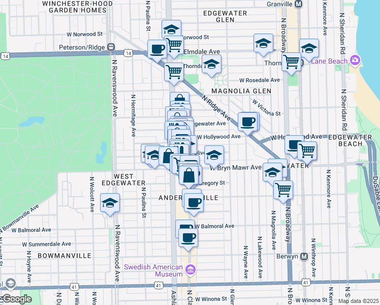 map of restaurants, bars, coffee shops, grocery stores, and more near 5659 North Clark Street in Chicago