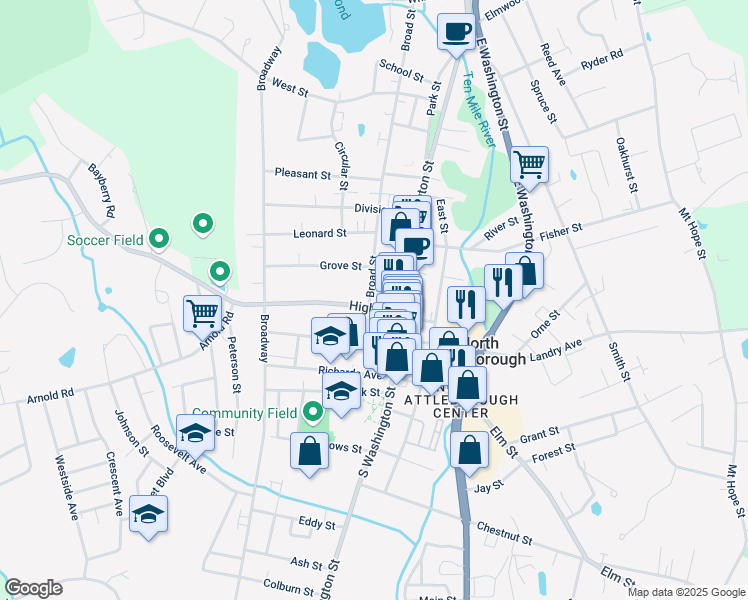 map of restaurants, bars, coffee shops, grocery stores, and more near 20 Broad Street in North Attleborough