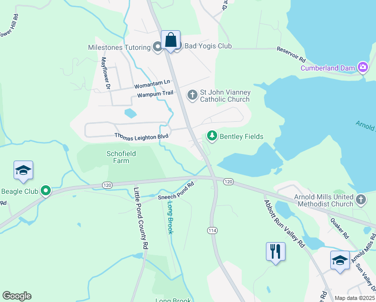 map of restaurants, bars, coffee shops, grocery stores, and more near 3578 Diamond Hill Road in Cumberland