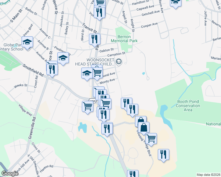 map of restaurants, bars, coffee shops, grocery stores, and more near 219 Cranston Street in Woonsocket