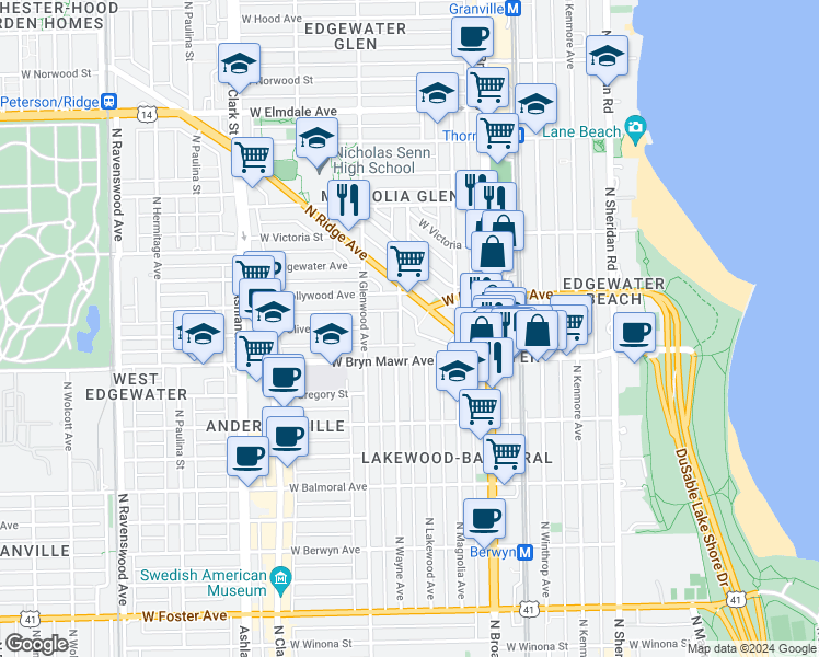 map of restaurants, bars, coffee shops, grocery stores, and more near 5680 North Ridge Avenue in Chicago