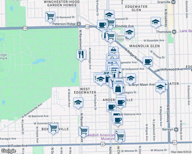 map of restaurants, bars, coffee shops, grocery stores, and more near 1655 West Hollywood Avenue in Chicago
