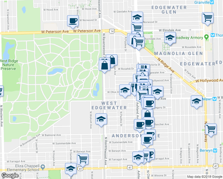 map of restaurants, bars, coffee shops, grocery stores, and more near 5656 North Hermitage Avenue in Chicago