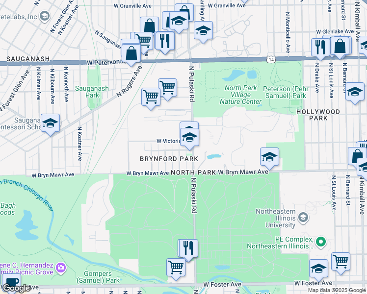 map of restaurants, bars, coffee shops, grocery stores, and more near 5715 West Victoria Street in Chicago