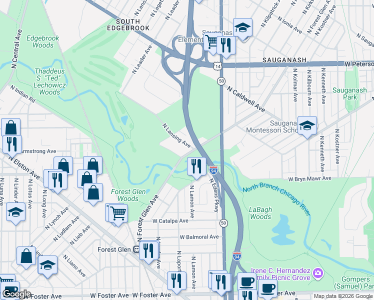 map of restaurants, bars, coffee shops, grocery stores, and more near 5727 North Lansing Avenue in Chicago
